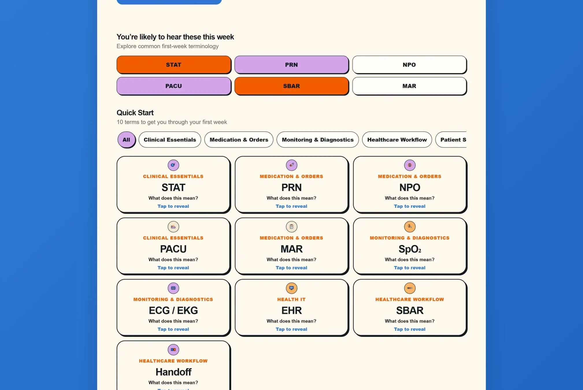 FirstShift home screen: a search bar for healthcare terminology, quick-access tiles for terms like STAT, PRN and SBAR, and a Quick Start list of first-week terms grouped by category.
