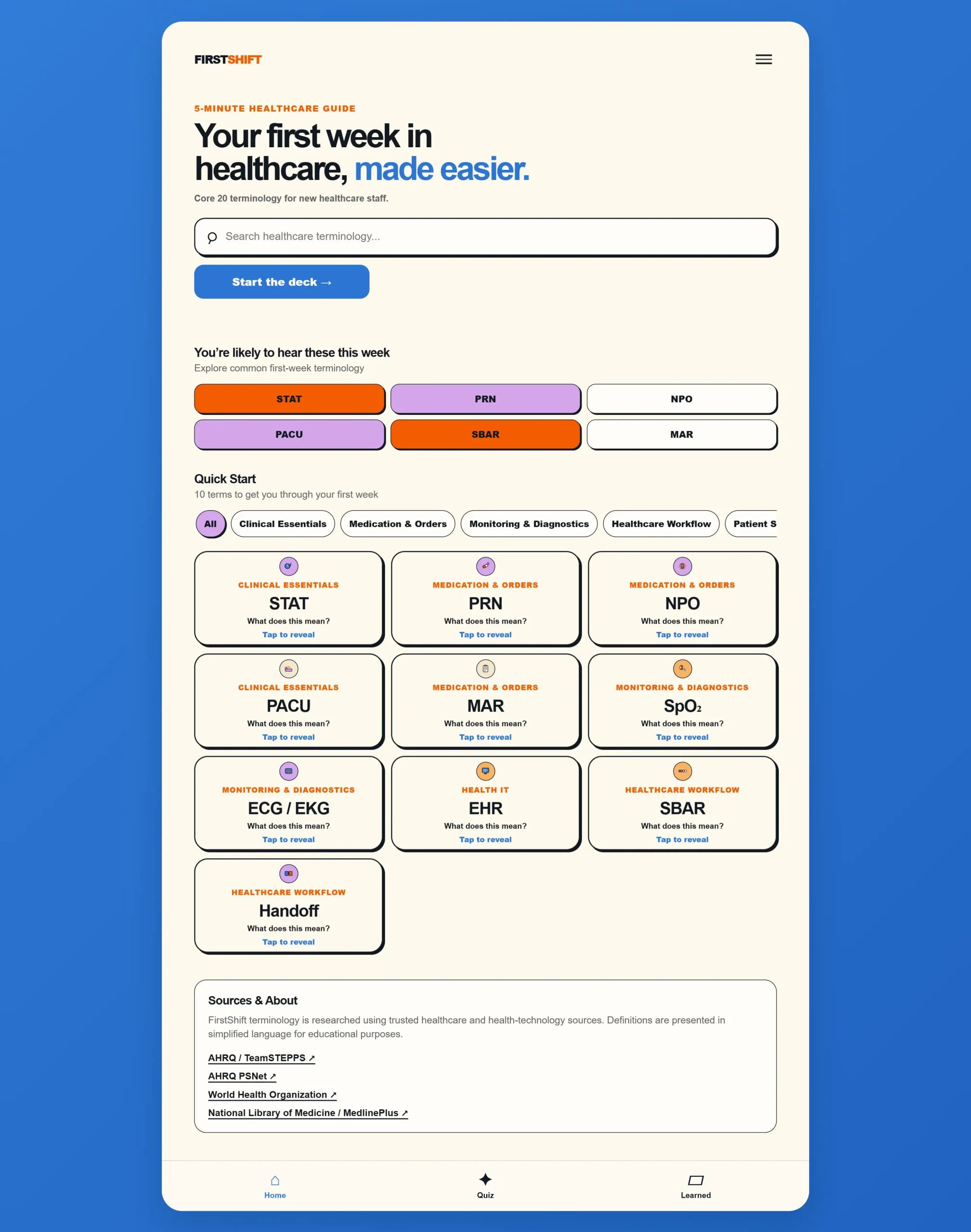 FirstShift home screen: a search bar for healthcare terminology, quick-access tiles for terms like STAT, PRN and SBAR, and a Quick Start list of first-week terms grouped by category.