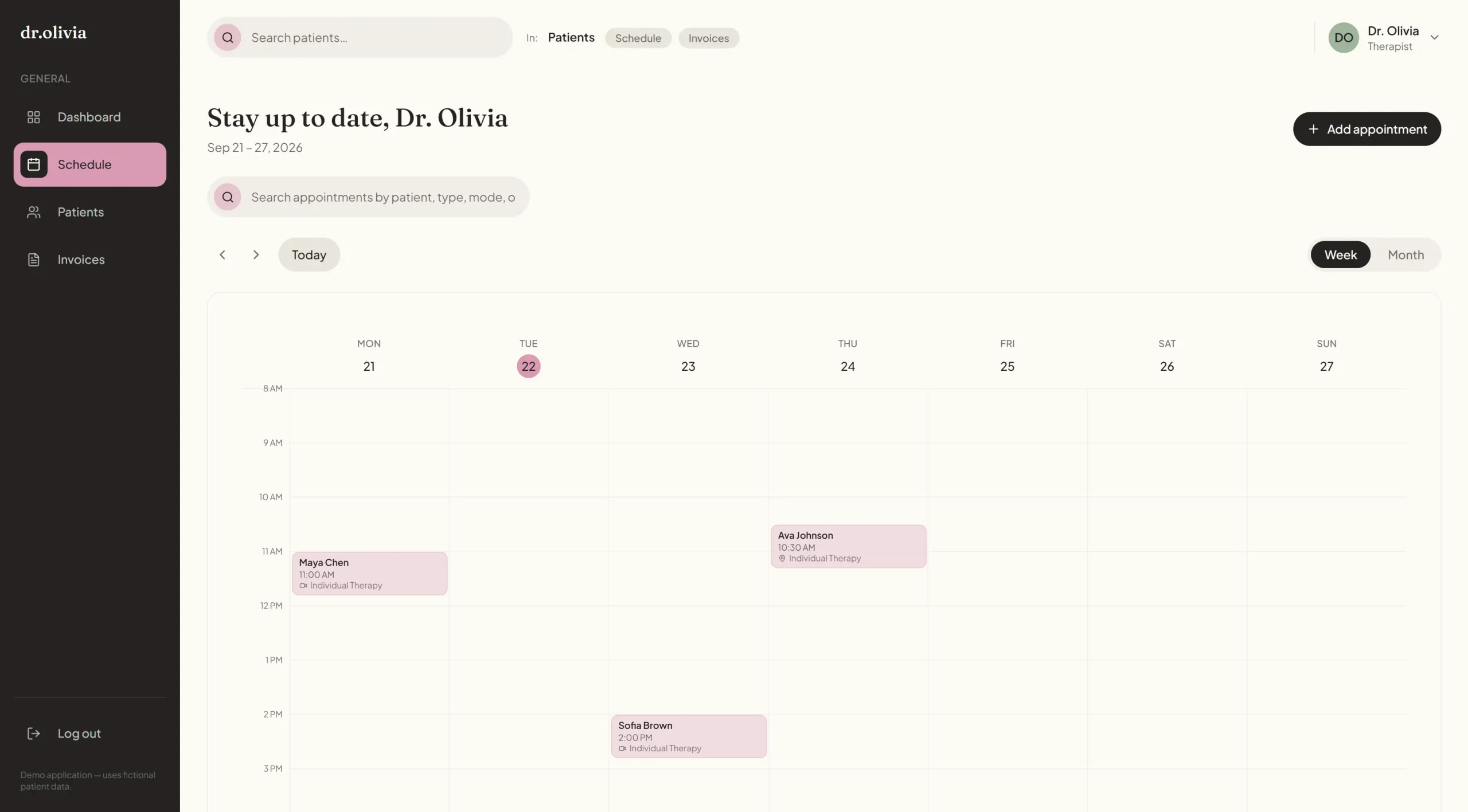 Weekly schedule view with appointments placed on a Monday-to-Sunday grid by time, showing patient name and session type.